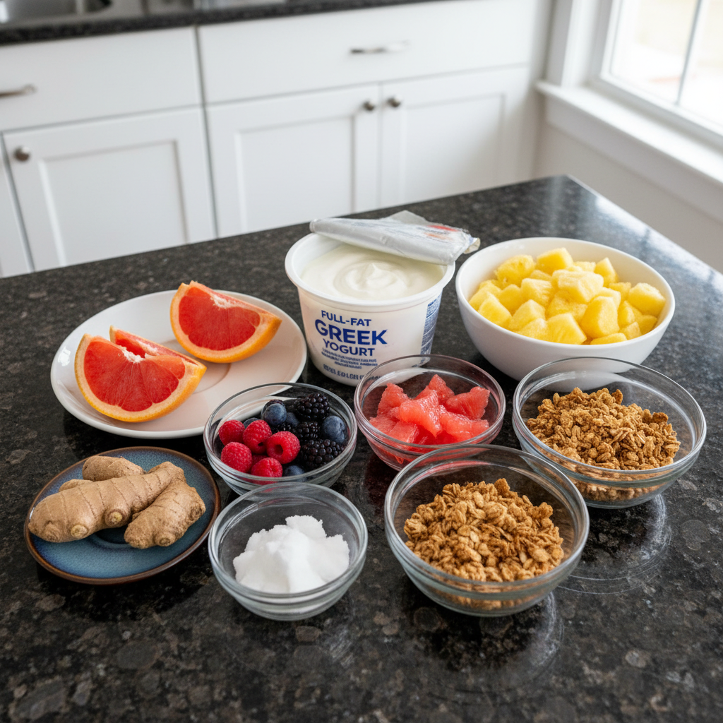 Fresh grapefruit and other ingredients needed to make a tasty smoothie.