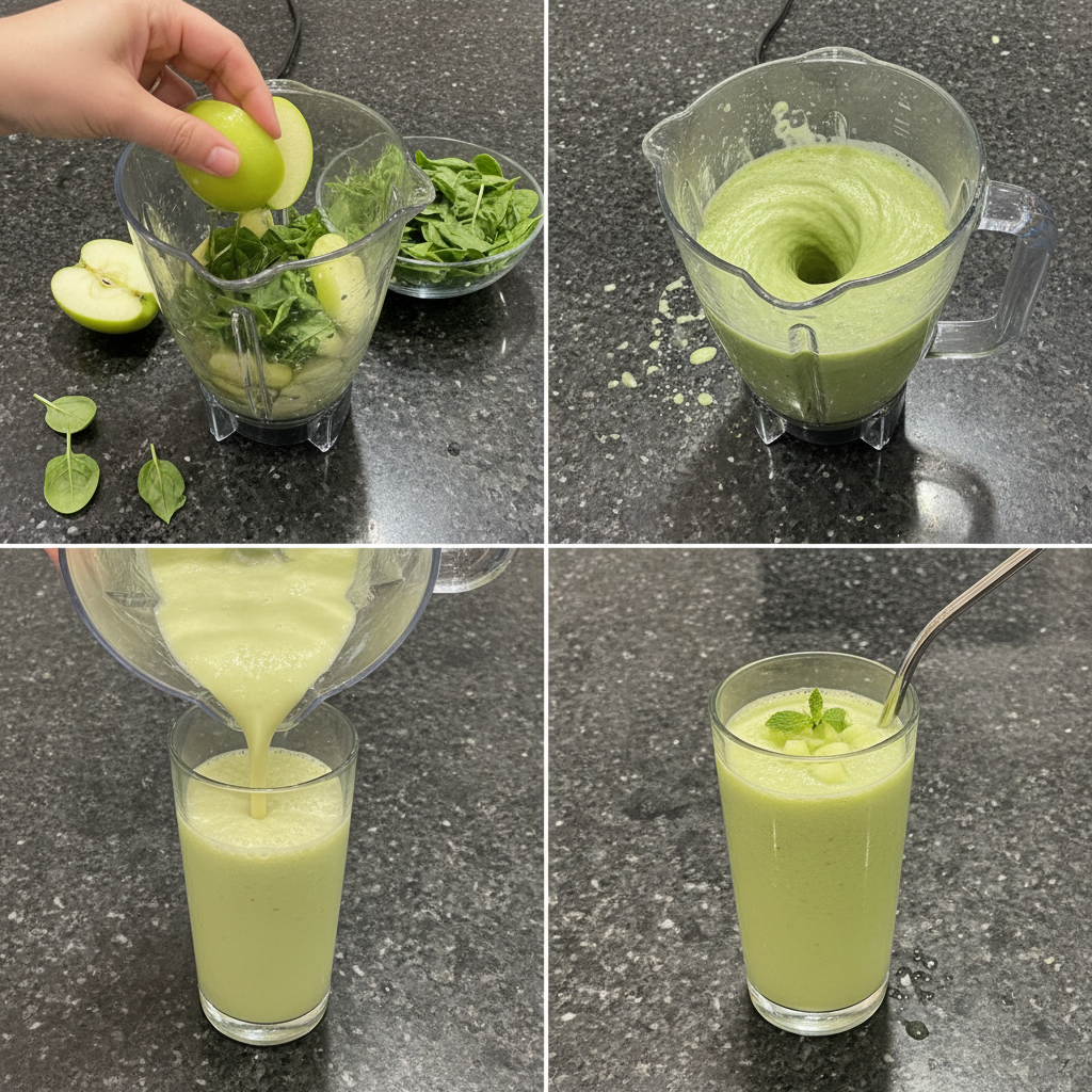 Blending a green apple smoothie in a high-speed blender until smooth.