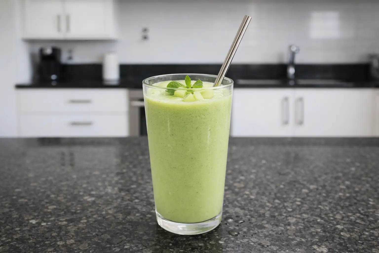 Vibrant green apple smoothie in a glass with mint garnish. Refreshing and healthy drink.