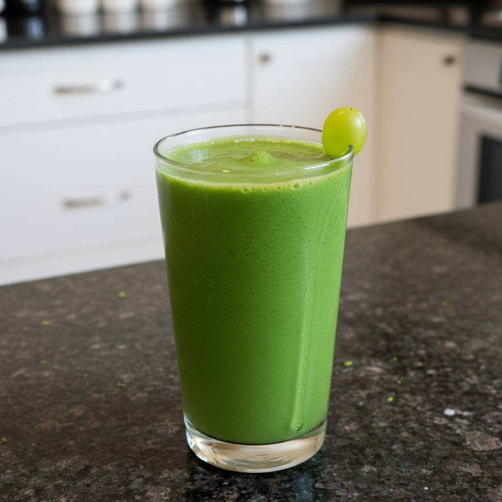 Refreshing green tea smoothie in a glass, garnished with mint.