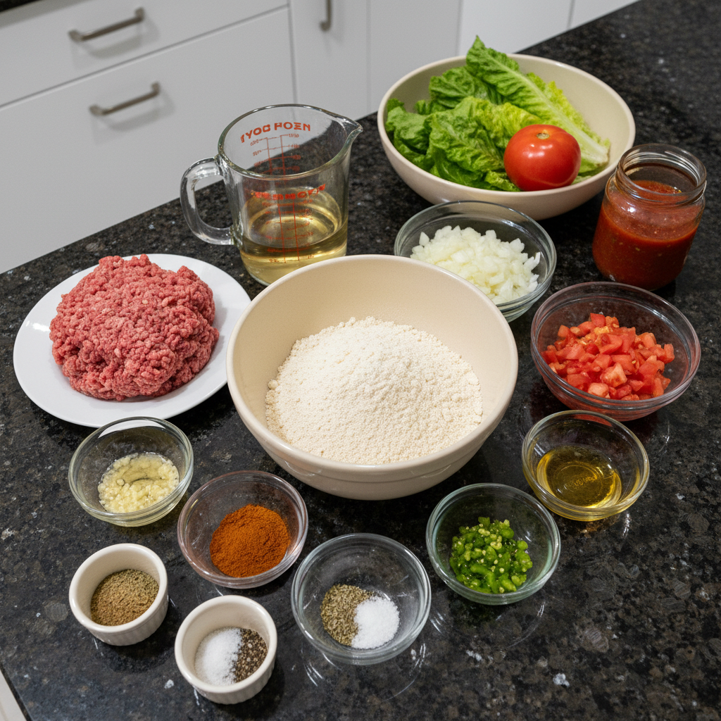 Fresh ingredients laid out for making ground beef gorditas, including masa harina, ground beef, and colorful vegetables.
