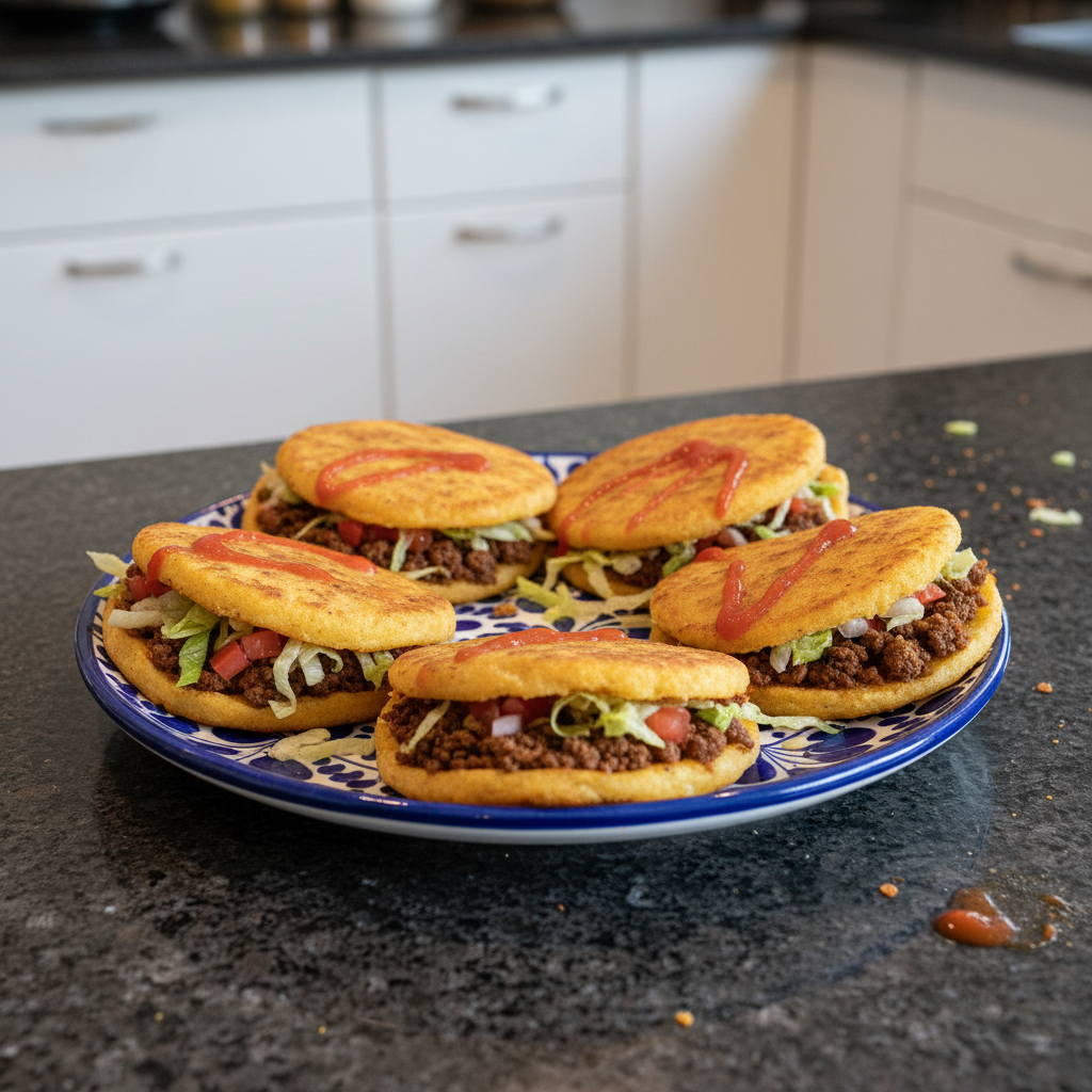 A close-up of a perfectly golden-brown ground beef gordita, bursting with savory filling and fresh toppings.