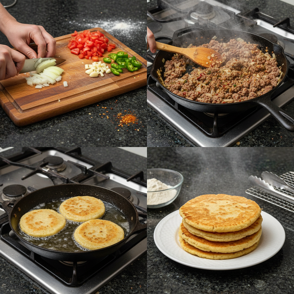 Hands shaping masa dough into thick, round tortillas for ground beef gorditas, with a bowl of seasoned ground beef nearby.
