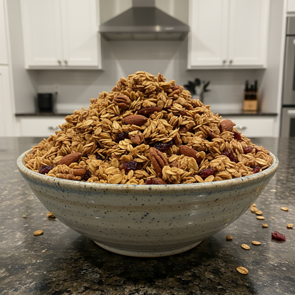 Golden brown healthy granola with almonds and berries, served in a glass bowl.