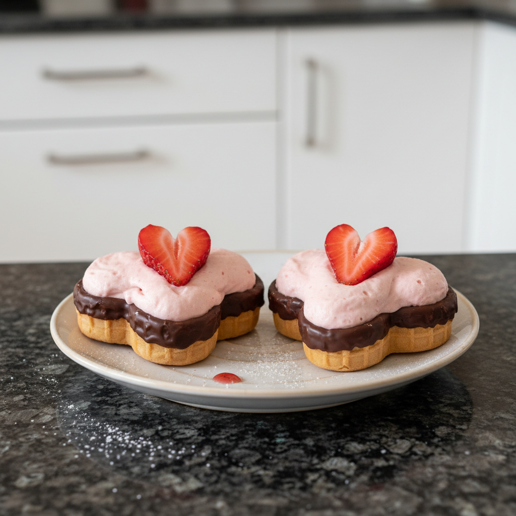 Heart-shaped strawberry mousse dessert, perfect for Valentine's Day celebrations.