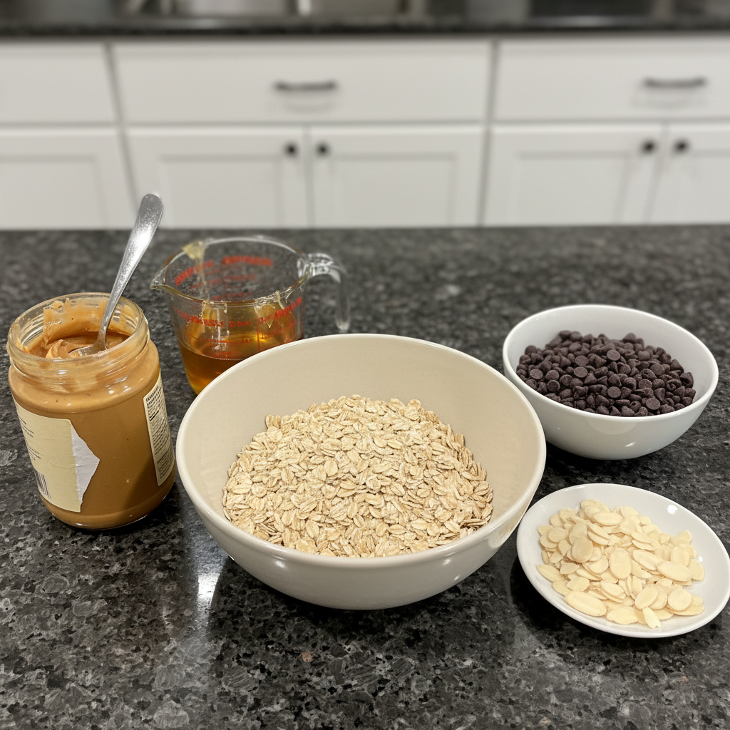 A colorful assortment of ingredients for homemade granola bars.