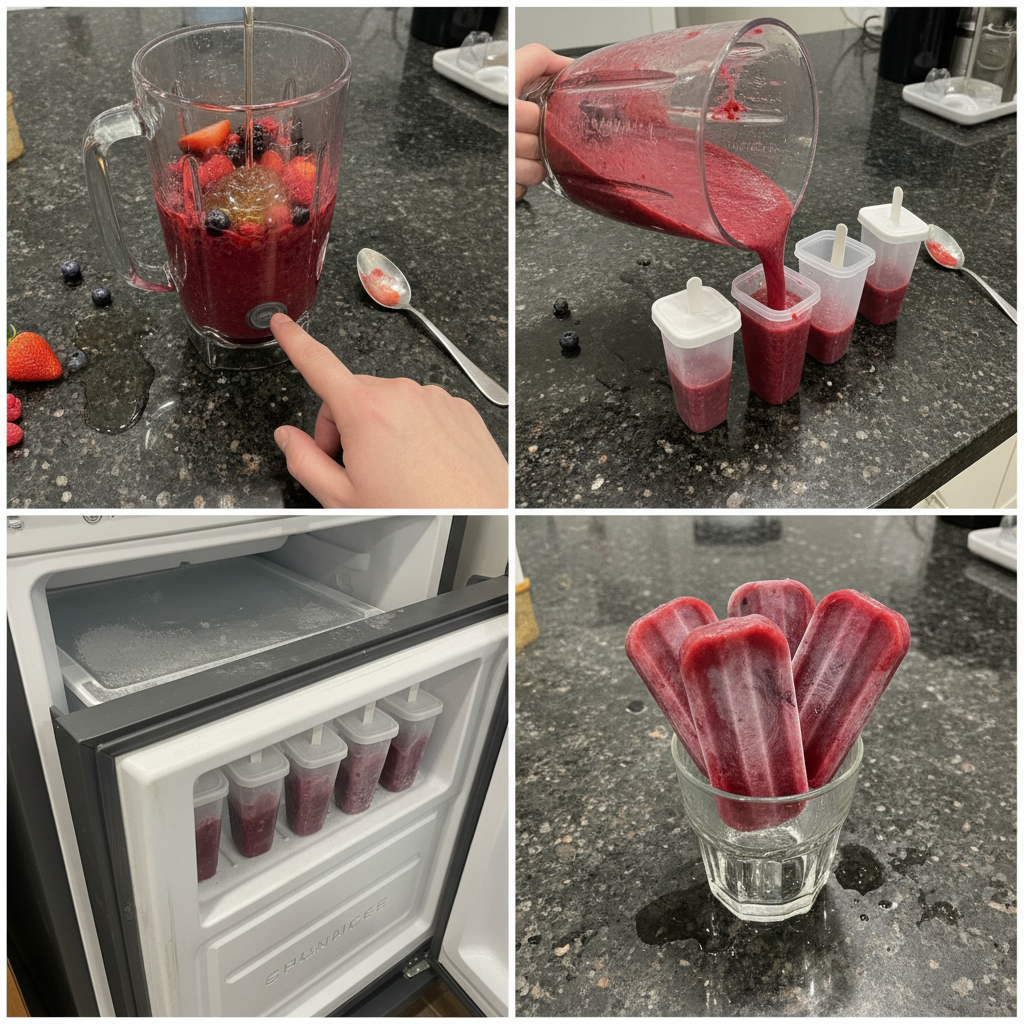 Preparing homemade ice pops with blended fruit puree