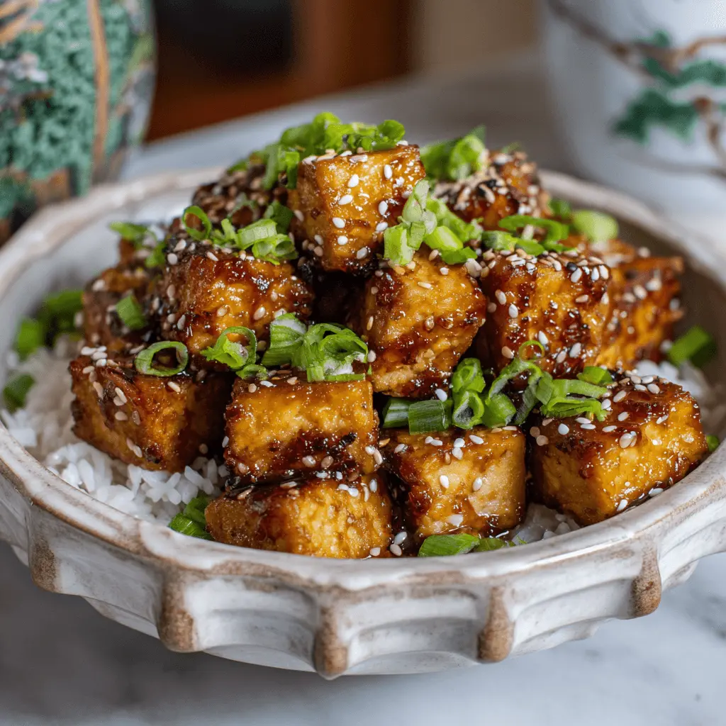 Close-up of glazed Crispy Pan-Fried Tofu served over white rice, garnished with sesame seeds and green onions in a rustic bowl.