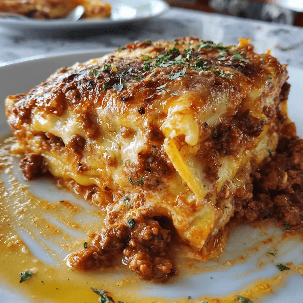 A close-up, mouth-watering slice of golden-brown Lazy Beef Lasagna on a white plate, showcasing rich meat sauce, gooey cheese, and fresh herb garnish.