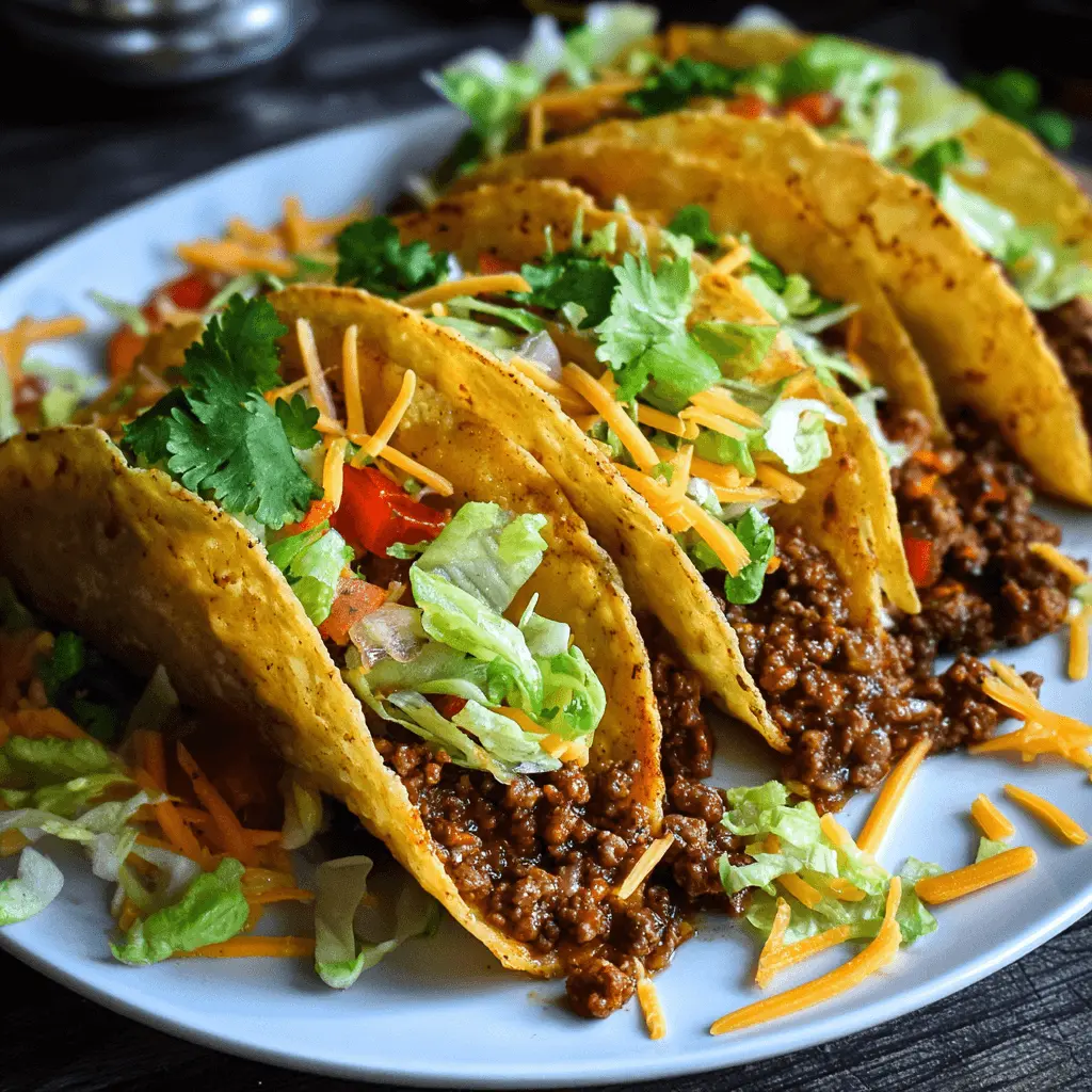 Close-up of fully loaded hard-shell Beef Picadillo Tacos with fresh lettuce, cheese, tomatoes, and cilantro on a white platter.
