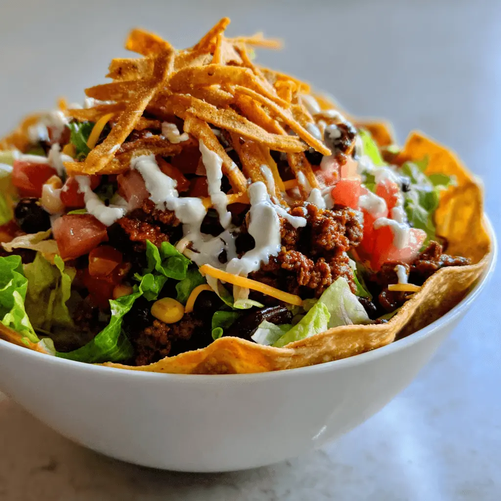 A vibrant Beef Confetti Taco Salad served in a crispy edible tortilla bowl, topped with creamy dressing and tortilla strips.