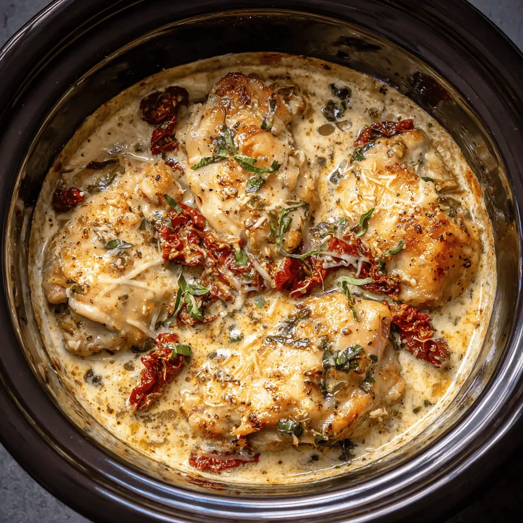 Golden-brown slow cooker chicken recipe with creamy sauce, sun-dried tomatoes, and fresh herbs in a dark pot.