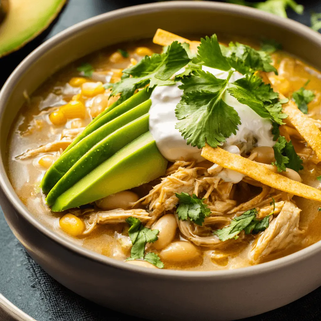 A hearty bowl of creamy white chicken chili from a slow cooker, garnished with fresh avocado, sour cream, cilantro, and crispy tortilla strips.
