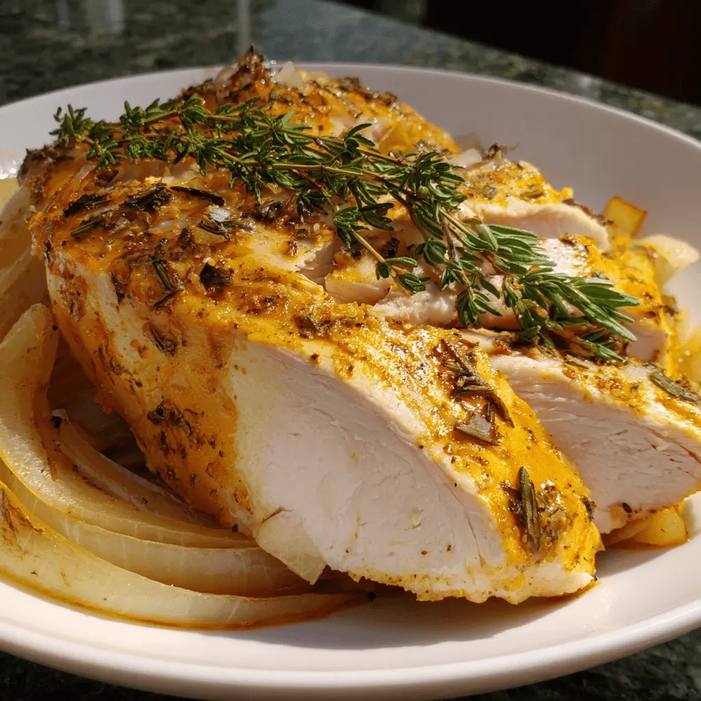 Close-up of appetizing slow cooker turkey breast, partially sliced and garnished with fresh herbs on a bed of cooked onions.