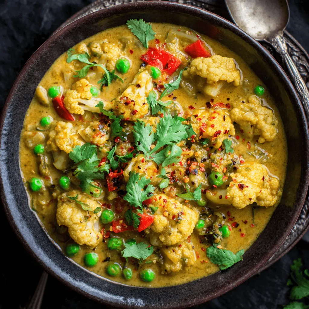 Close-up of a vibrant bowl of Vegan Cauliflower Pea Curry with roasted cauliflower, green peas, and fresh cilantro garnish, set on a dark rustic table.