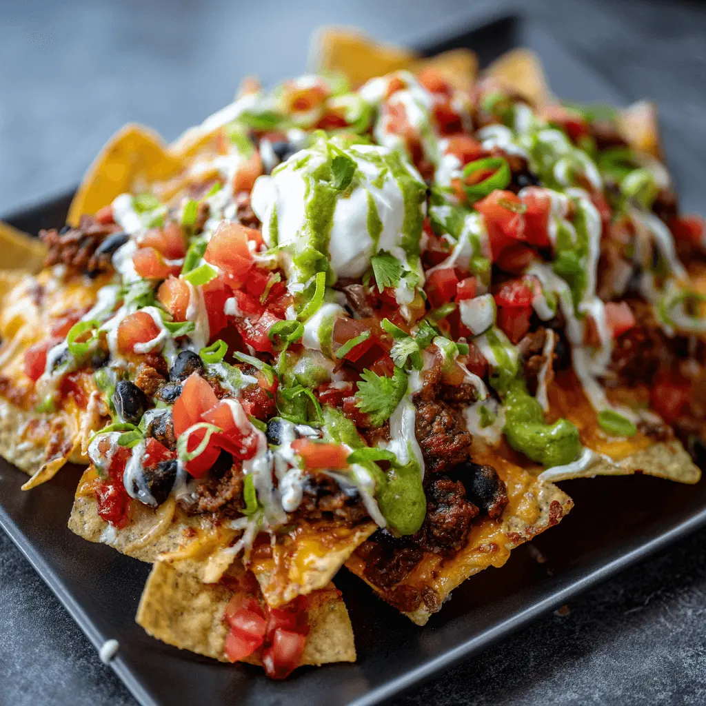 Generously loaded platter of vibrant Mexican-style Beef Sausage Nachos with melted cheese, fresh toppings, and creamy drizzles.