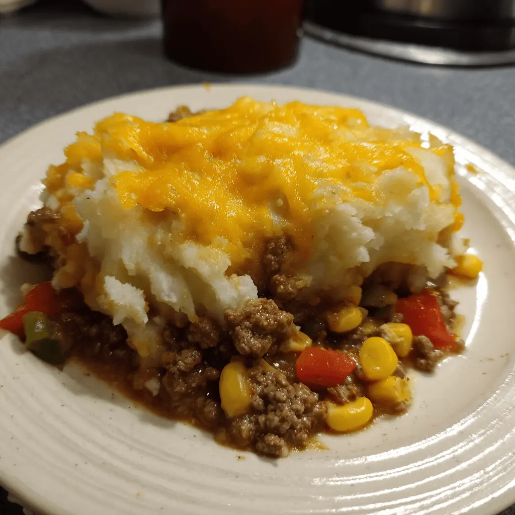 Close-up of a generous serving of Taco Shepherd’s Pie, featuring a golden-brown melted cheese crust over mashed potatoes and a savory ground meat, corn, and bell pepper base on a cream plate.