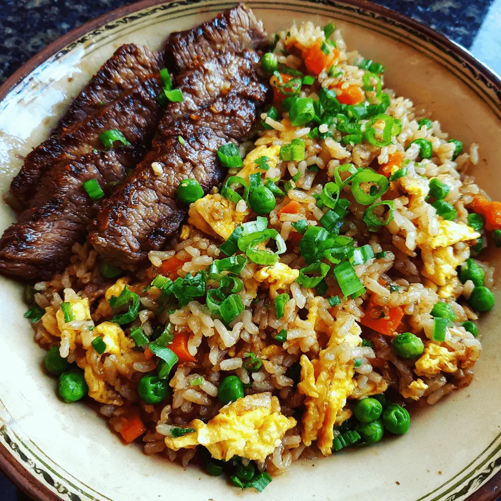 Close-up of a vibrant Beef & Vegetable Fried Rice dish with seared steak, eggs, peas, carrots, and fresh green onions in an earthy bowl.