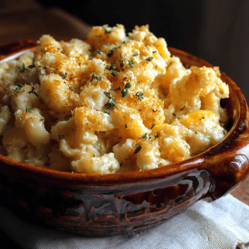 Close-up of golden, creamy slow cooker mac and cheese with a crispy baked topping and fresh thyme in a rustic bowl.
