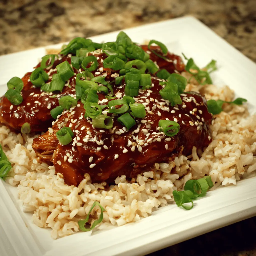 Close-up of a delicious, healthy slow cooker recipe featuring chicken in a rich sauce, served over brown rice with sesame seeds and green onions on a white plate.