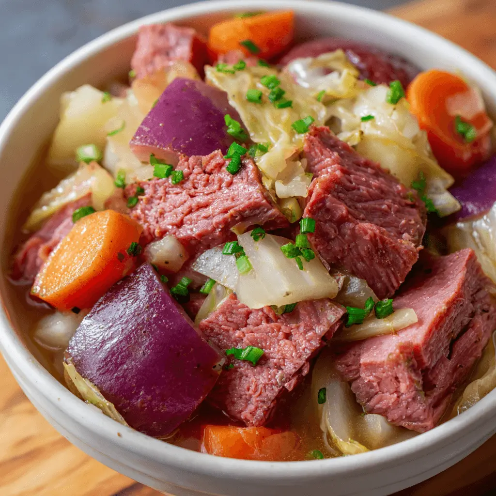 Close-up of a hearty bowl of slow cooker corned beef and cabbage stew with potatoes and carrots, perfect for delicious corned beef recipes slow cooker.