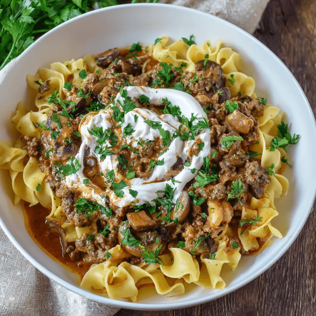 Close-up of a hearty One-Dish Beef Stroganoff with egg noodles, ground beef, mushrooms, sour cream, and fresh parsley on a rustic wooden table.
