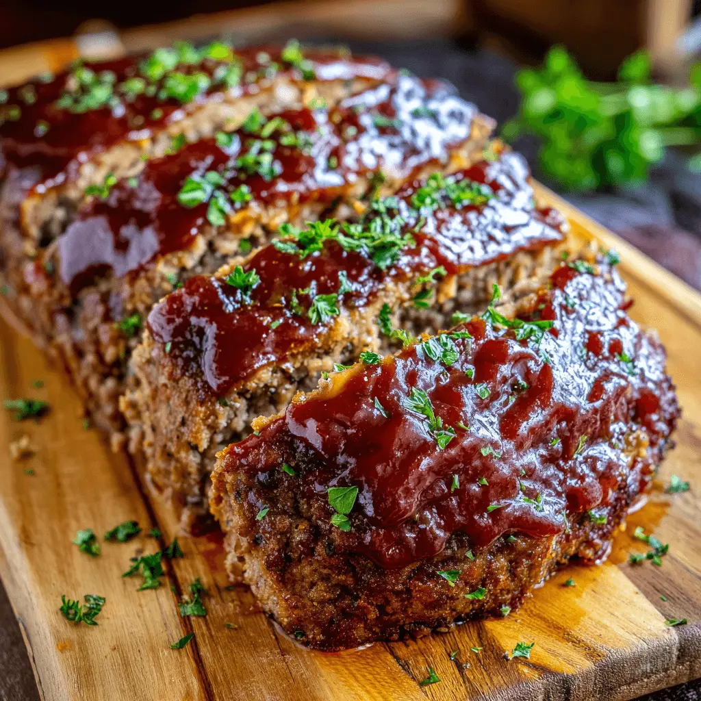 Delicious sliced meatloaf with glossy sauce and fresh herbs on a rustic wooden board, ready to serve.