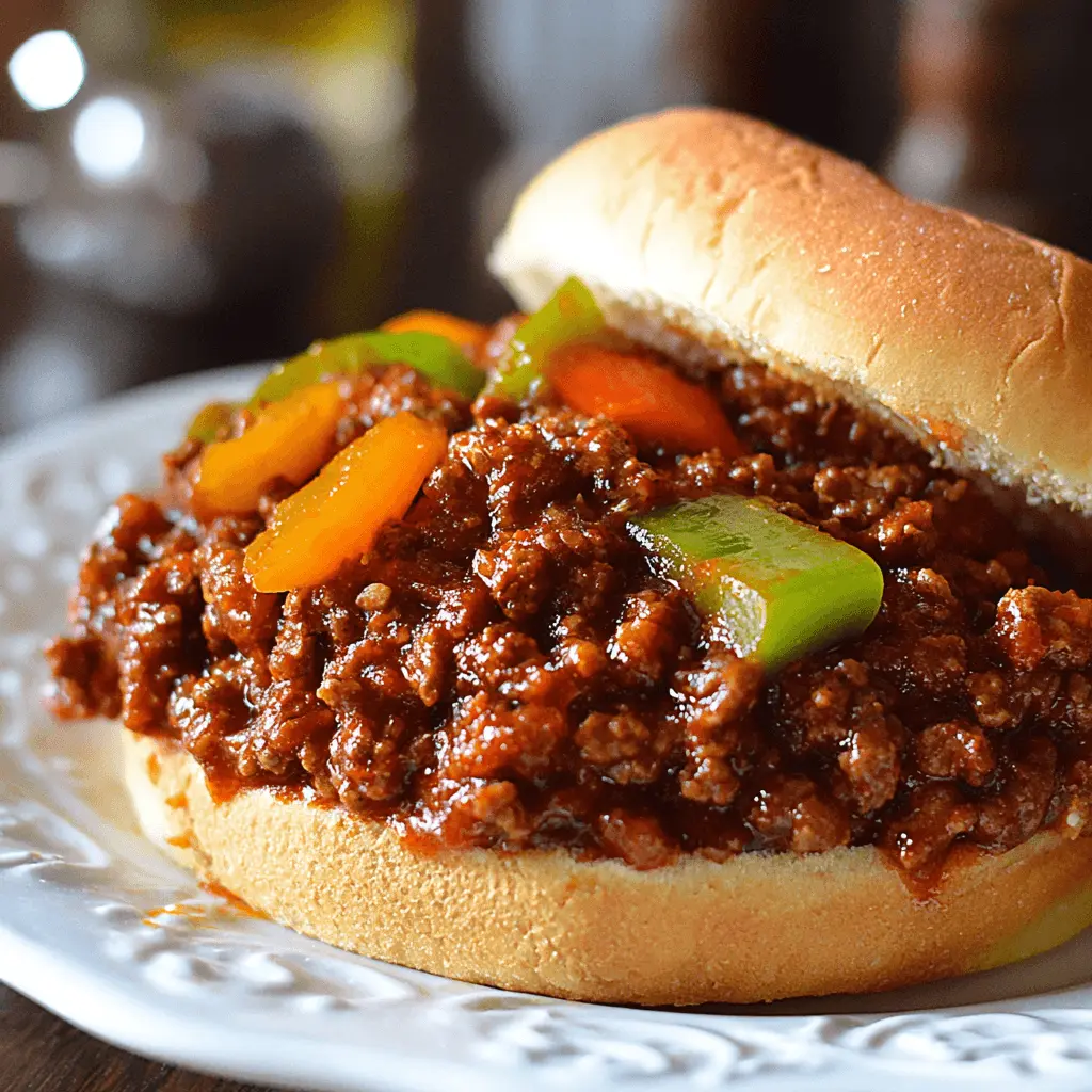 Close-up of a classic beef sloppy joe sandwich, generously filled with saucy meat and colorful bell peppers on a toasted bun.