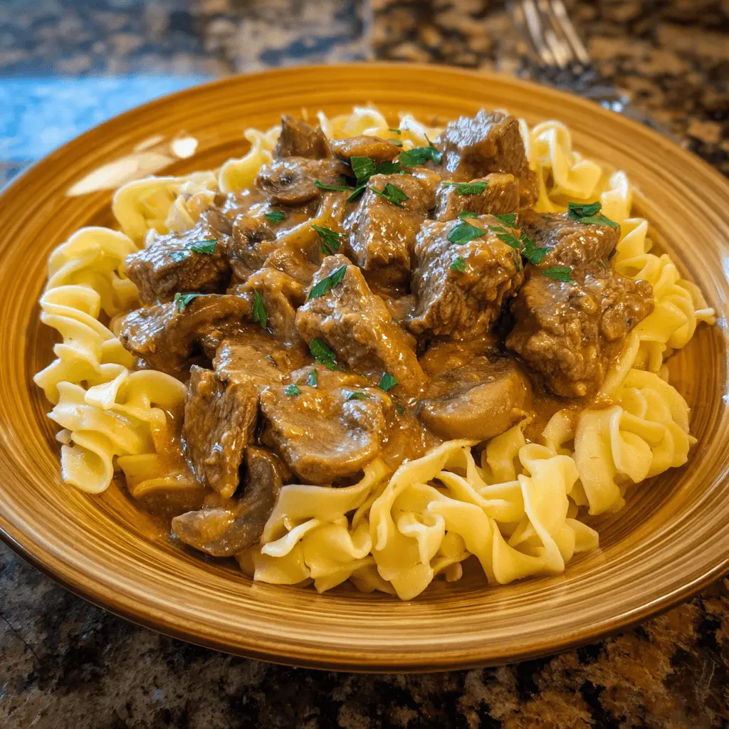 A close-up of tender slow cooker beef stroganoff with mushrooms and creamy sauce served over egg noodles on a rustic plate.