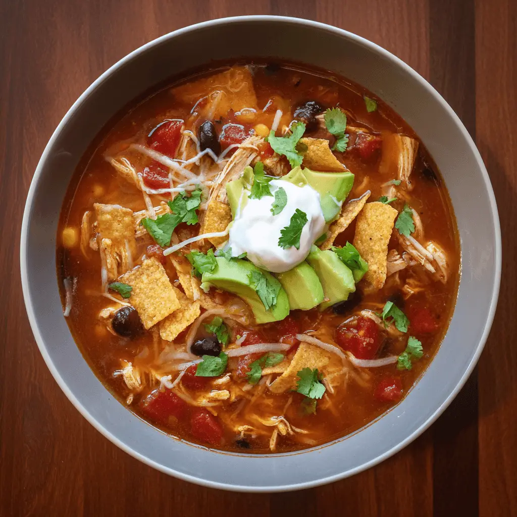 Appetizing bowl of slow cooker chicken tortilla soup with avocado, cheese, and tortilla strips on a wooden background.
