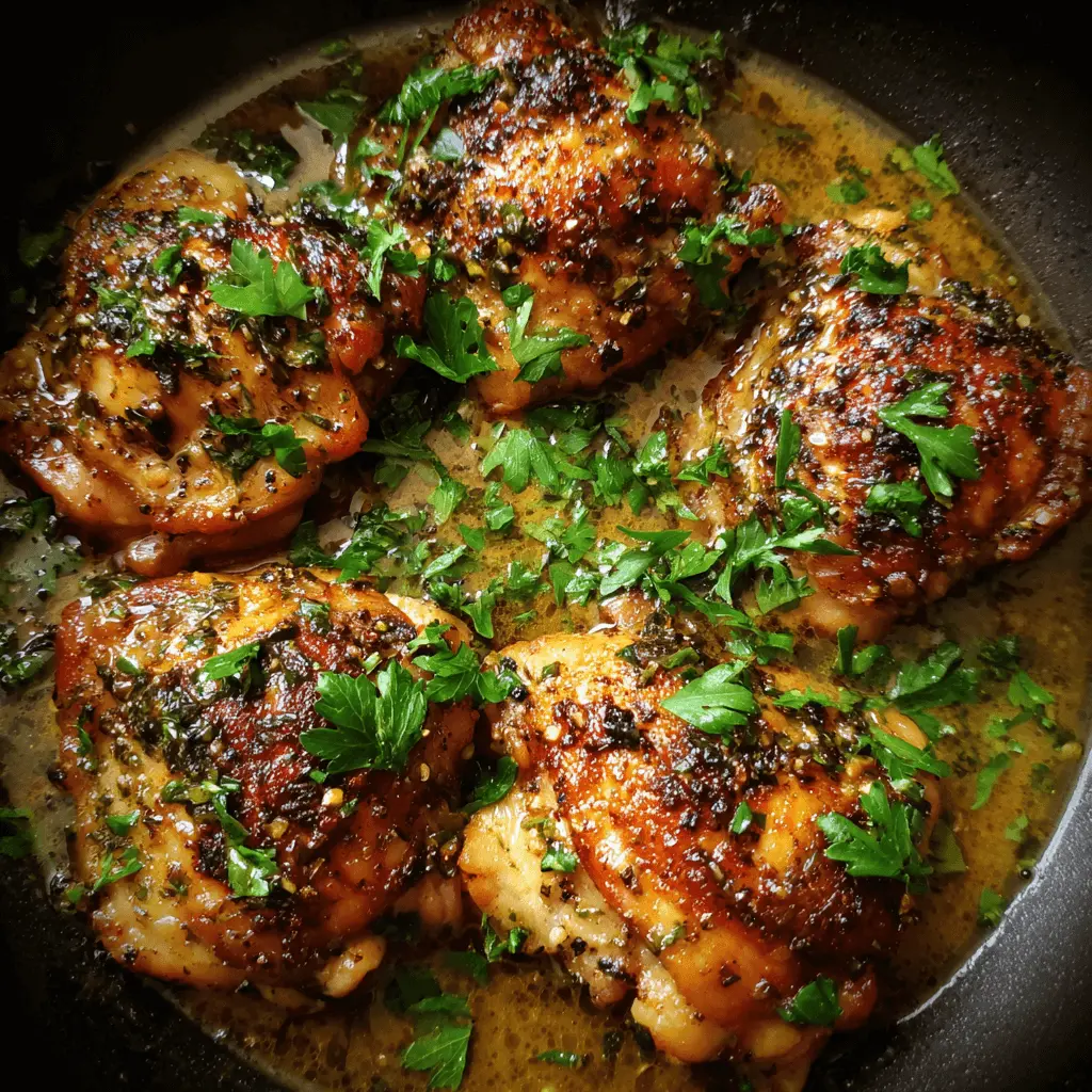 Golden-brown slow cooker chicken thighs with crispy skin, seasoned with herbs, resting in a glistening pan sauce and garnished with fresh parsley in a dark pan.