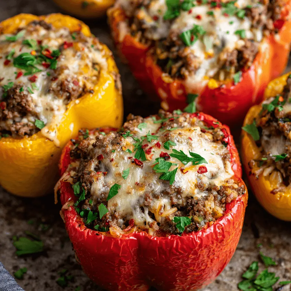 Close-up of appetizing Classic Beef Stuffed Peppers, topped with melted cheese, parsley, and chili flakes on a dark surface.