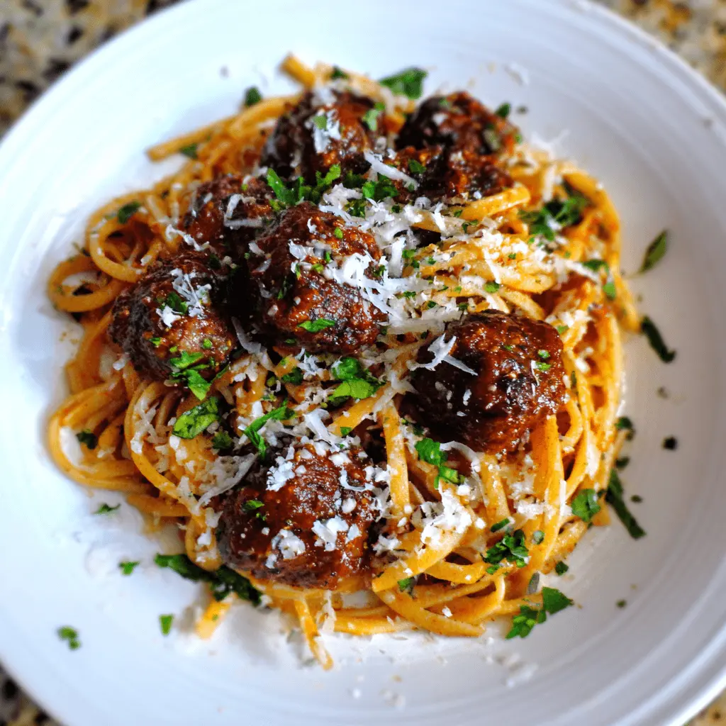 A close-up, top-down view of a delicious plate of Beef Loving Texans Spaghetti & Meatballs, garnished with grated cheese and fresh herbs.