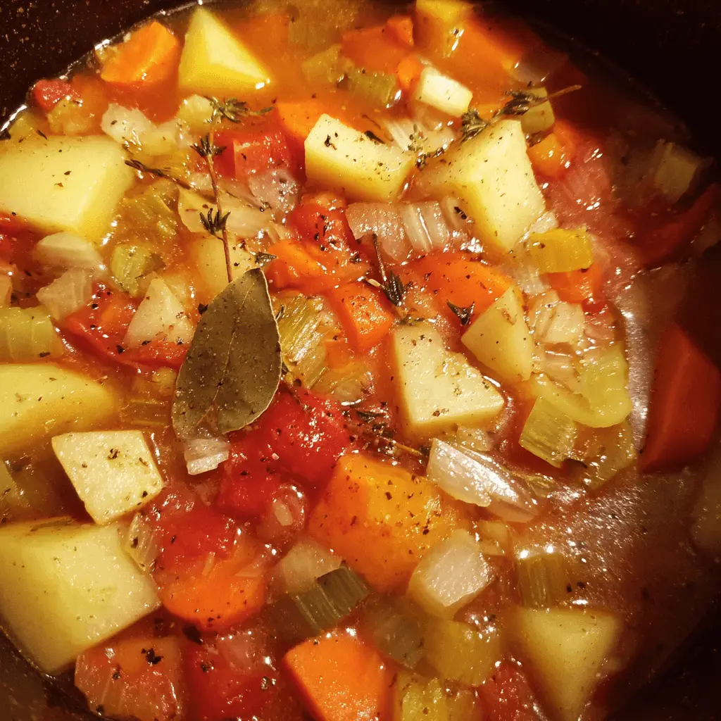 Hearty vegetable slow cooker soup recipe simmering in a dark pot, filled with potatoes, carrots, celery, and tomatoes, garnished with bay leaf and thyme.