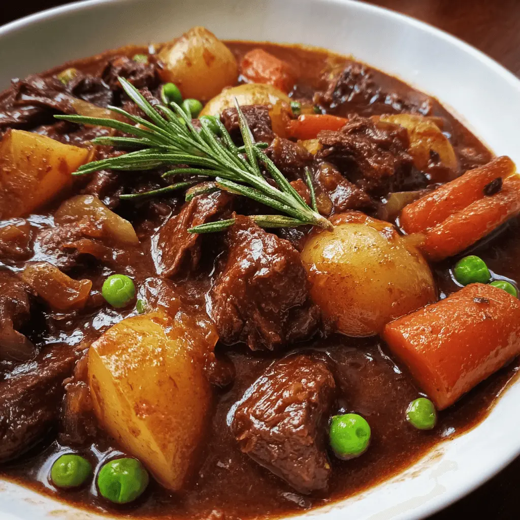 A close-up of a rich slow cooker beef stew with tender beef, root vegetables, and a rosemary garnish in a white bowl.