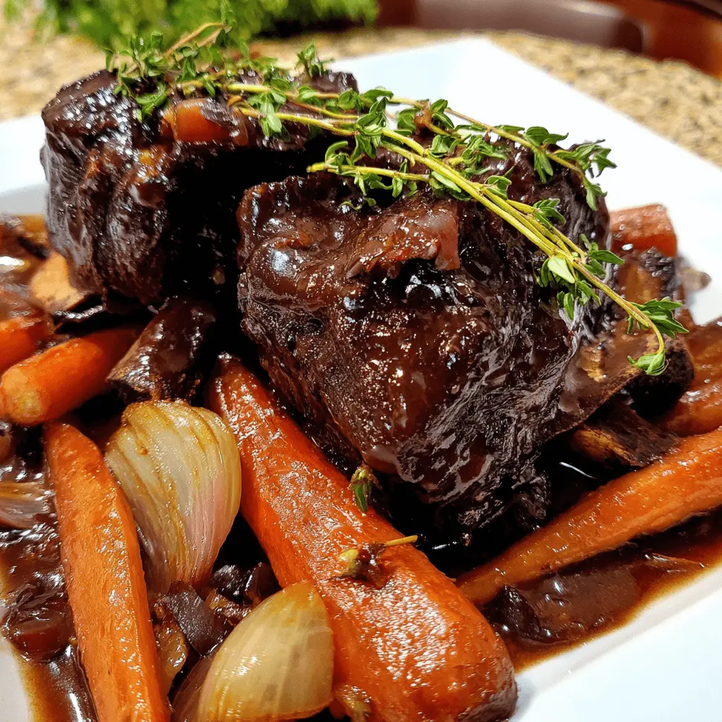 Mouth-watering short ribs slow cooker dish, beautifully plated with tender meat, rich sauce, carrots, and pearl onions, garnished with fresh thyme.