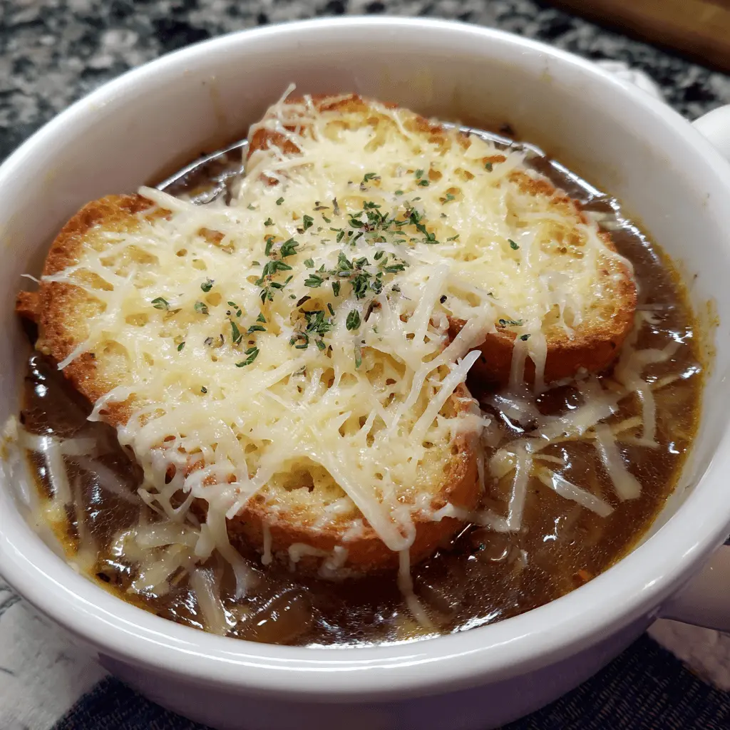 Close-up of a classic french onion soup slow cooker recipe, featuring golden-brown croutons and bubbling melted cheese in a white ceramic crock.