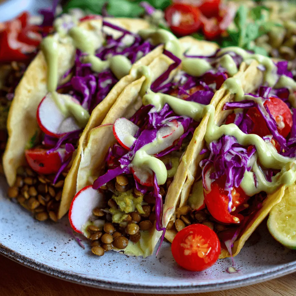 Vibrant plant-based Mushroom and Lentil Tacos with Garlic Avocado Cream, topped with red cabbage, radishes, and cherry tomatoes on a rustic plate.
