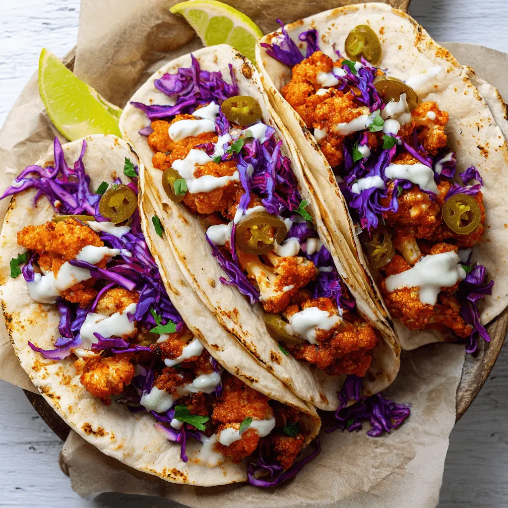 Three vibrant Vegan Buffalo Cauliflower Tacos with red cabbage slaw and creamy sauce on a rustic wooden surface.