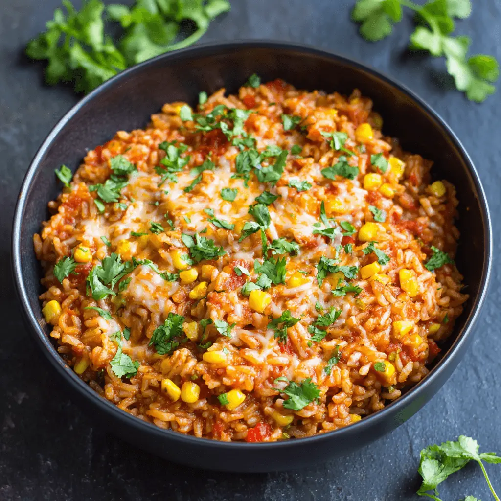 Vibrant bowl of Enchilada Rice topped with melted cheese, corn, tomatoes, and fresh cilantro on a dark surface.