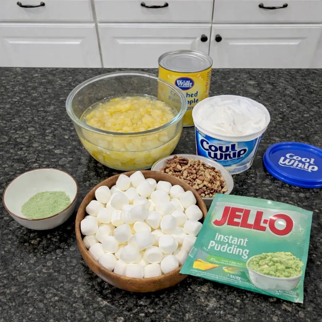 pistachio-salad-ingredients Pistachio salad ingredients: pudding mix, pineapple, marshmallows, and pecans.