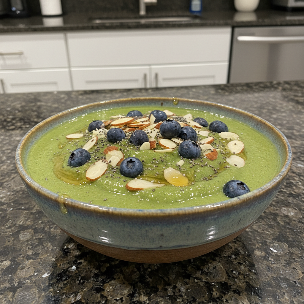 Vibrant iron rich smoothie bowl topped with fresh fruit and seeds, ready to eat.