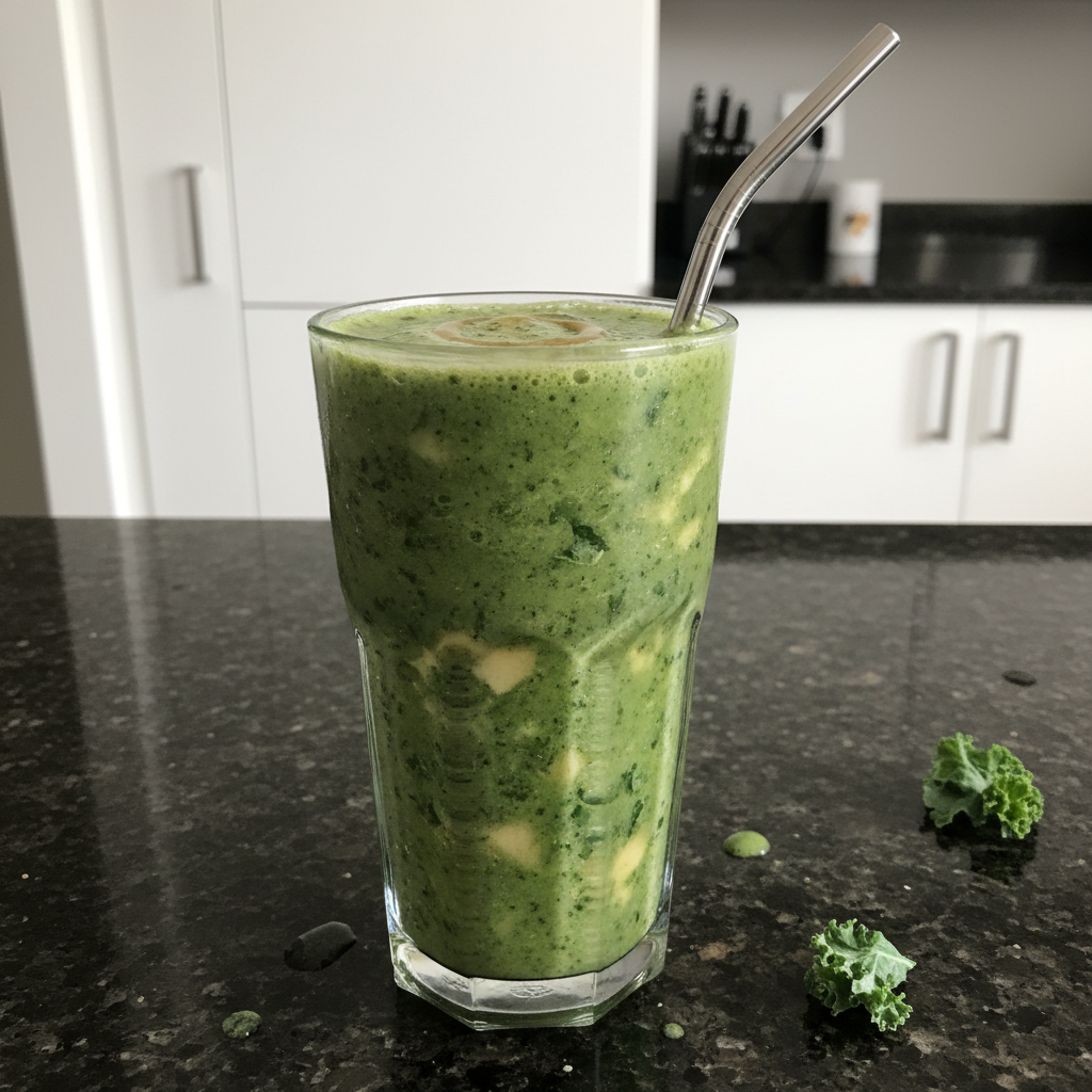 Vibrant green Kale Banana Smoothie in a glass, garnished with fresh fruit.