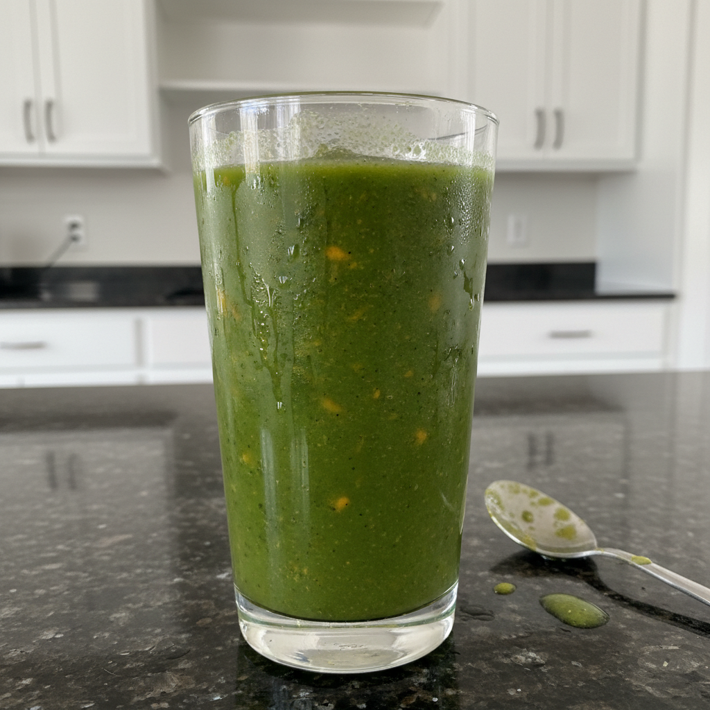 Vibrant Kale Mango Smoothie in glass, garnished with mango