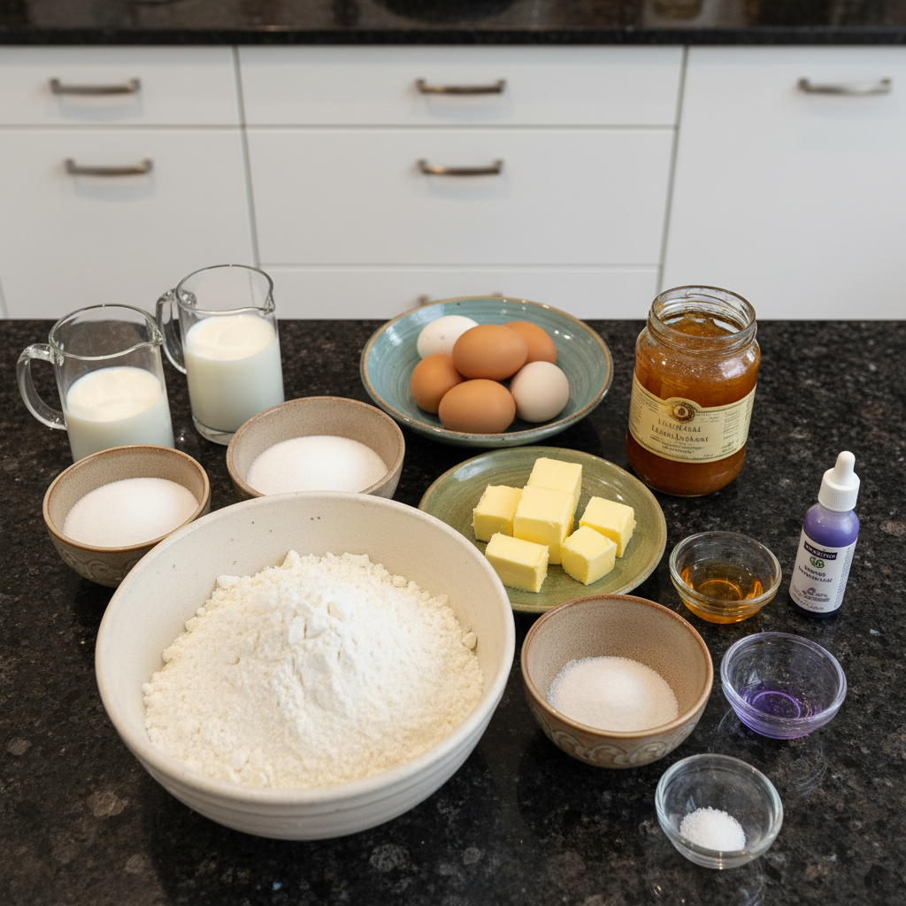 Ingredients for making a lavender and peach Valentine cake recipe.