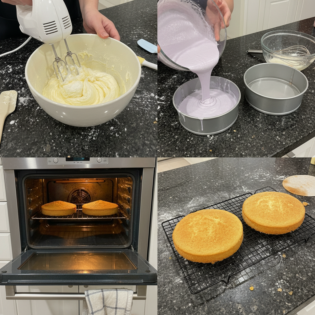 Steps to prepare the lavender and peach Valentine cake batter.