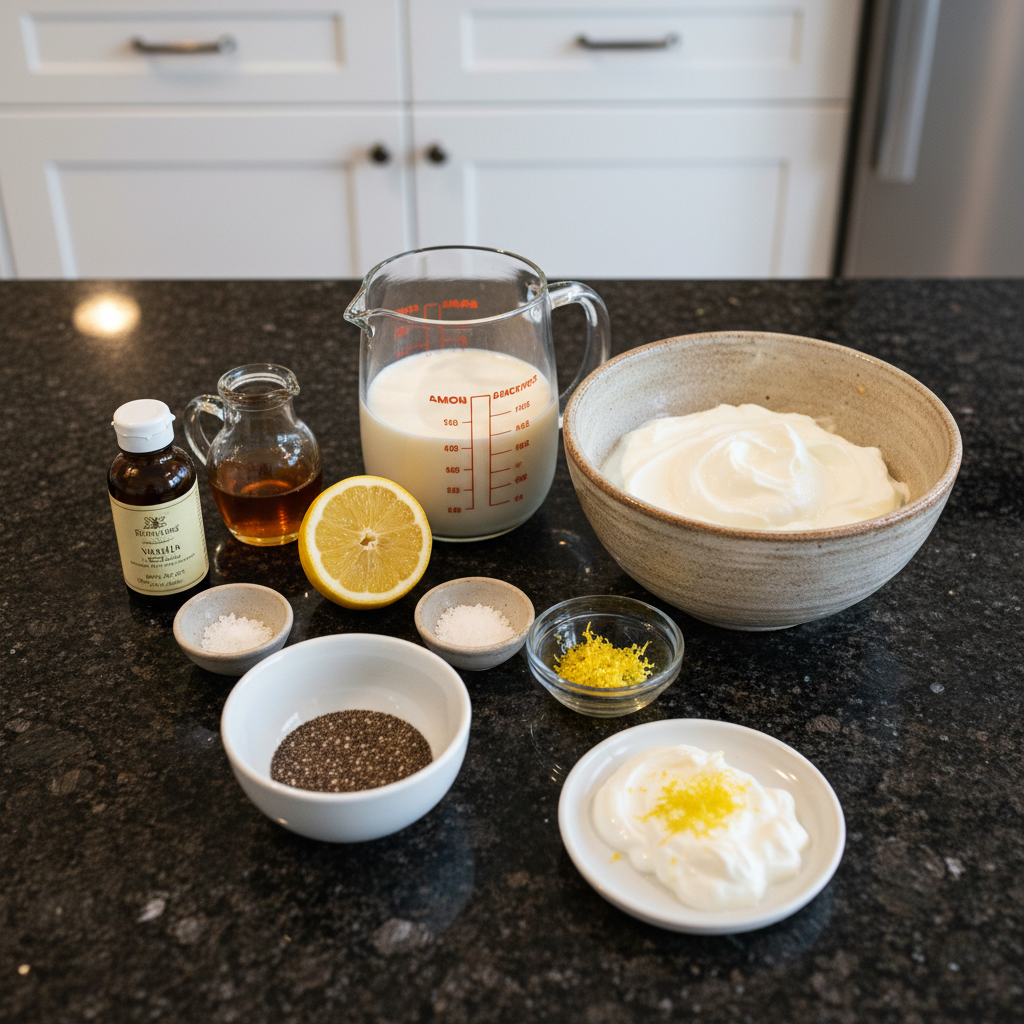 Lemon chia pudding ingredients: chia seeds, lemon, and almond milk.