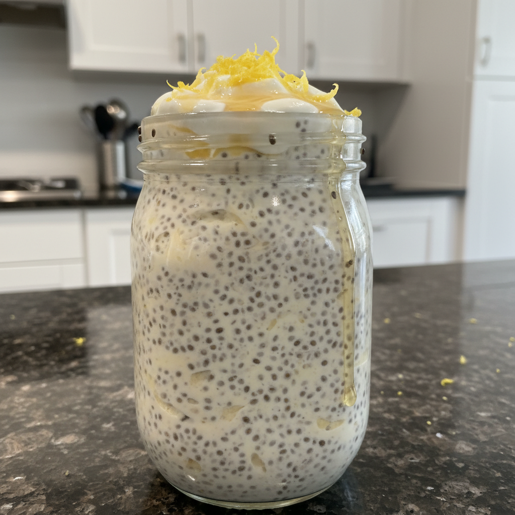 Creamy lemon chia pudding in a glass jar, ready to eat.