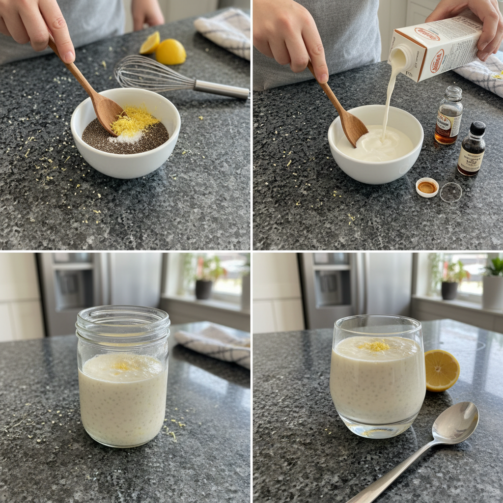 Preparing lemon chia pudding: mixing chia seeds with lemon and milk.