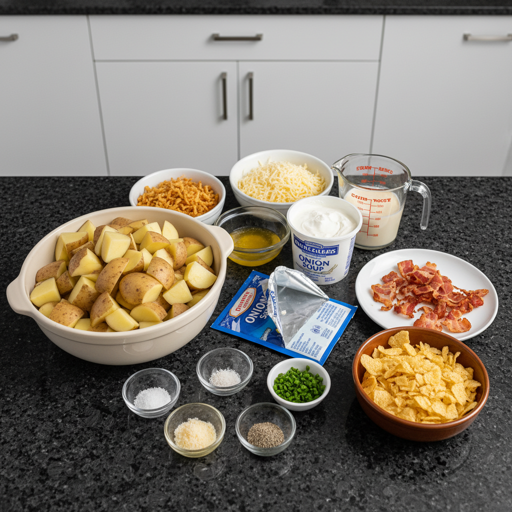 All the ingredients needed to make a mashed potato casserole.